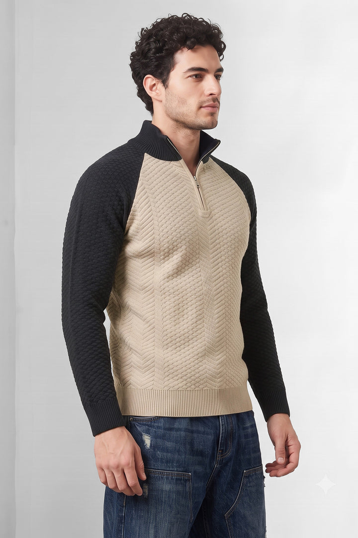 Cream Textured Colorblock High Neck Half-Zip Sweatshirt