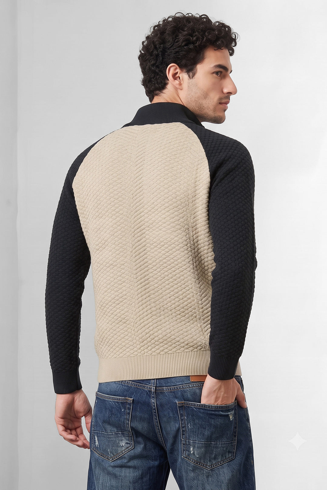Cream Textured Colorblock High Neck Half-Zip Sweatshirt