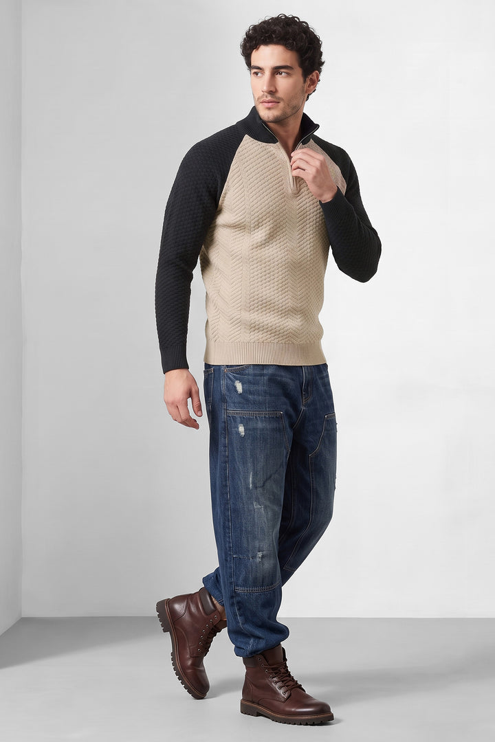 Cream Textured Colorblock High Neck Half-Zip Sweatshirt