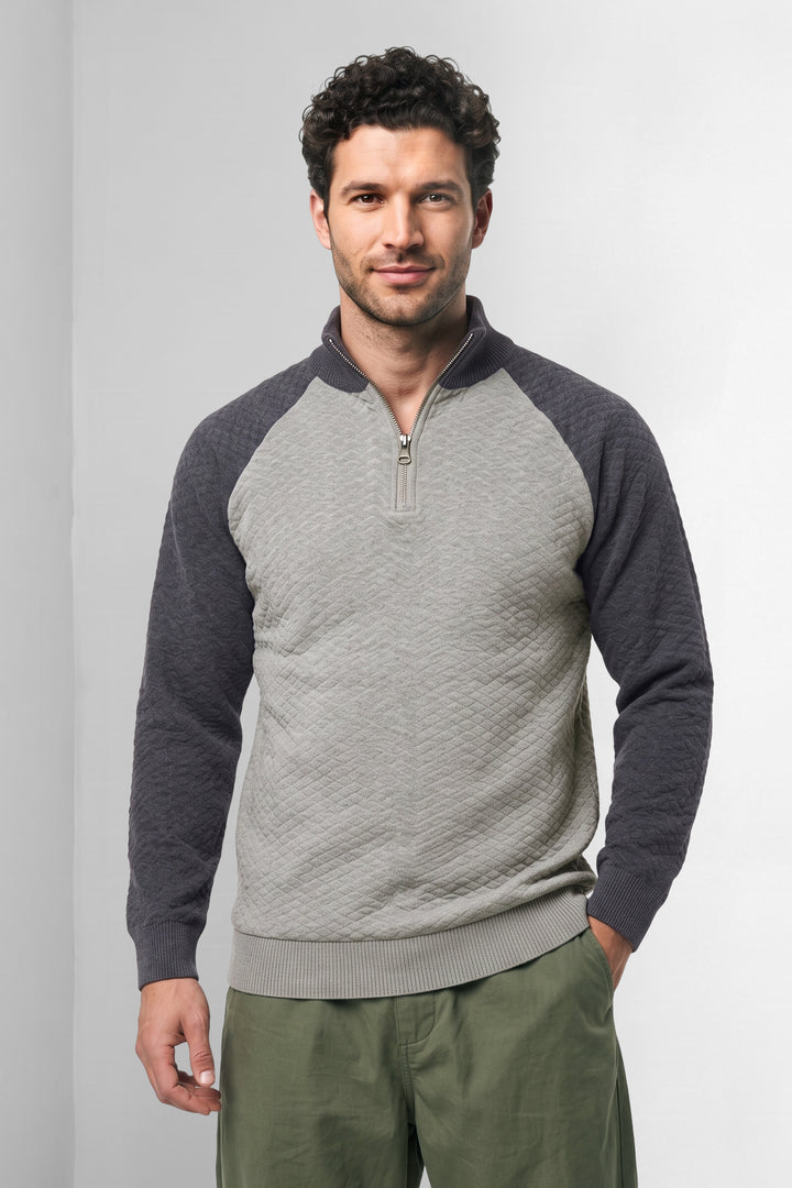Grey Black Textured Colorblock High Neck Half-Zip Knit Sweater