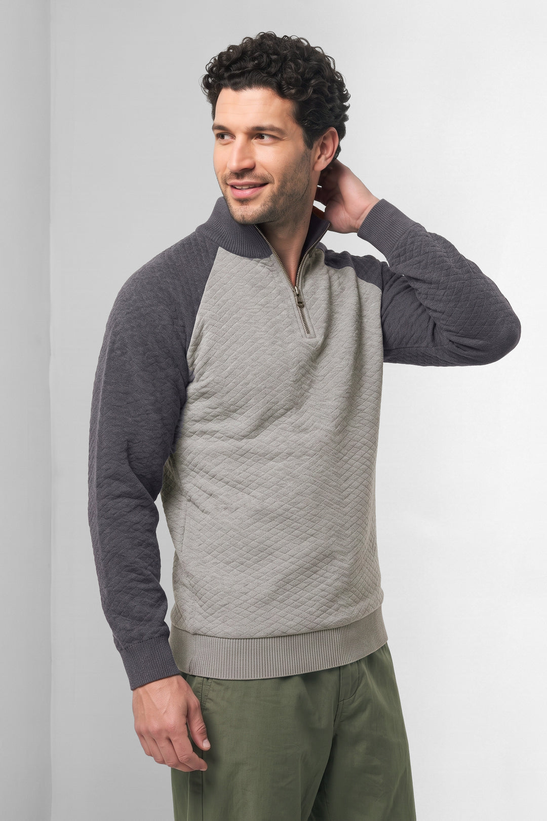 Grey Black Textured Colorblock High Neck Half-Zip Knit Sweater