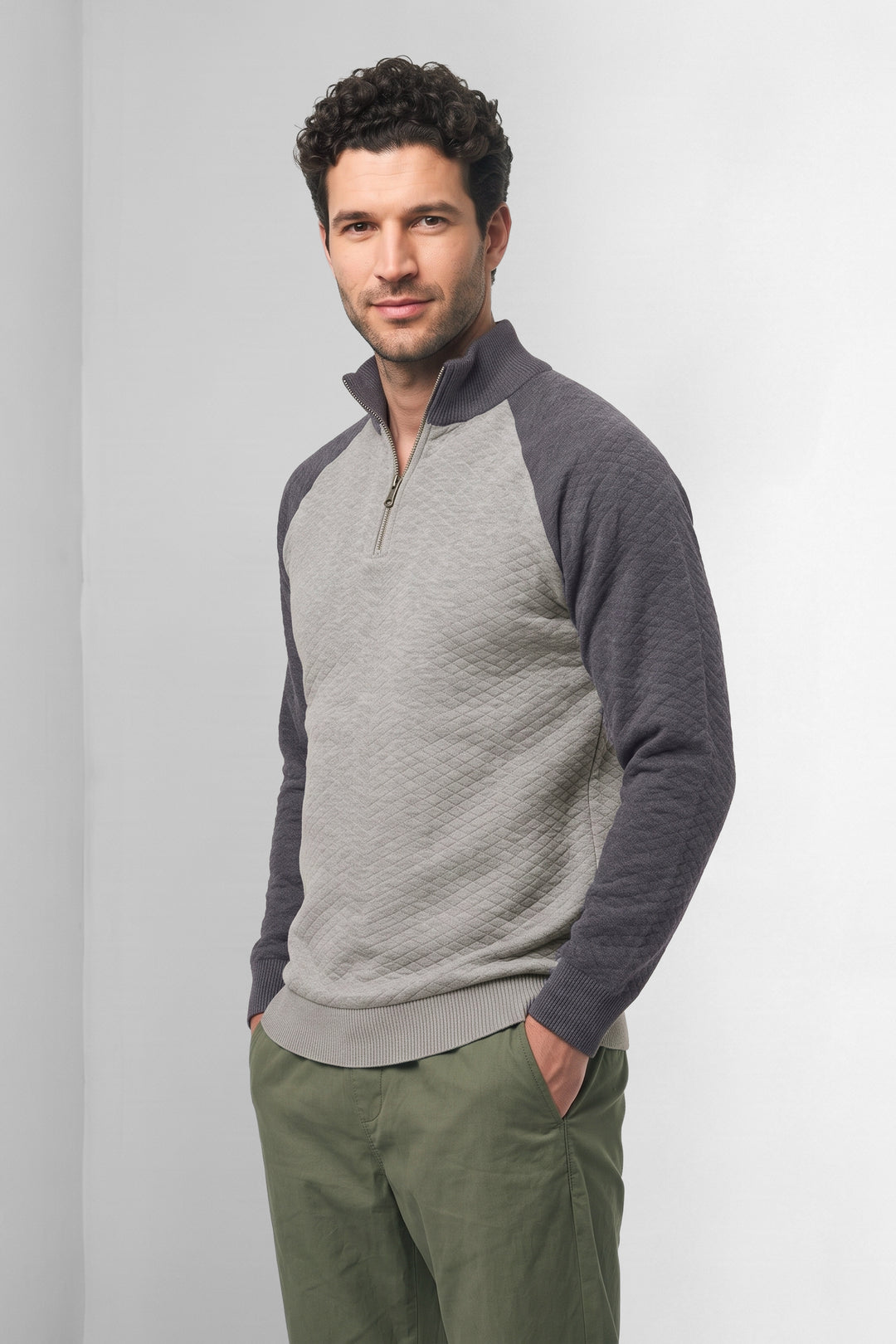Grey Black Textured Colorblock High Neck Half-Zip Knit Sweater