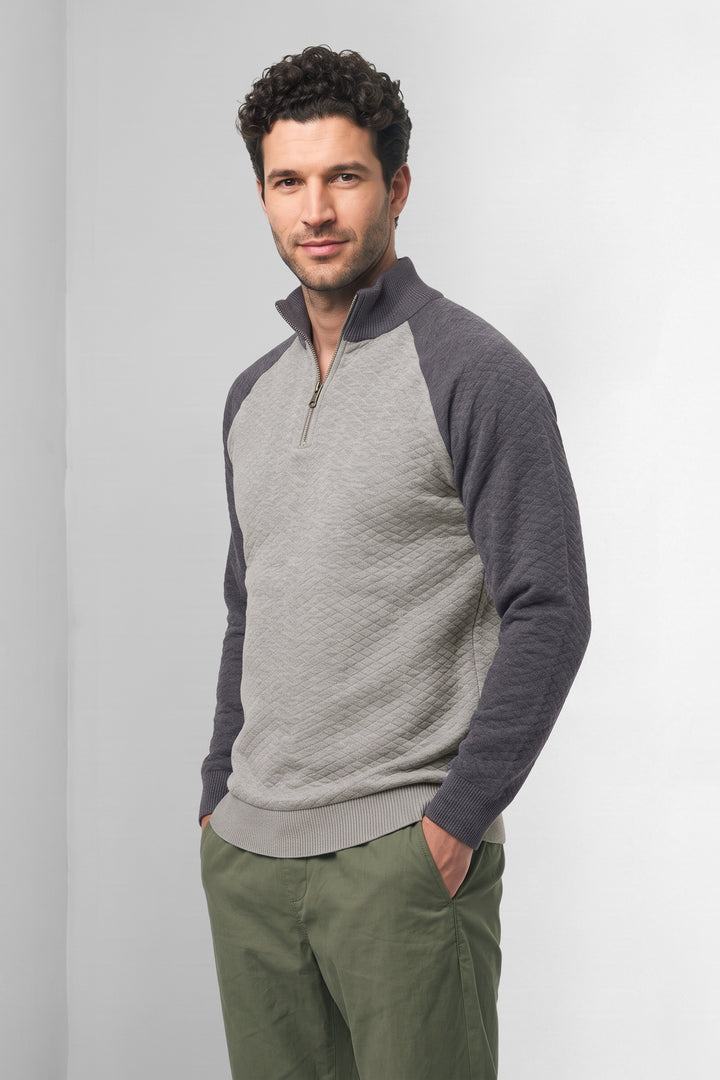 Grey Black Textured Colorblock High Neck Half-Zip Knit Sweater