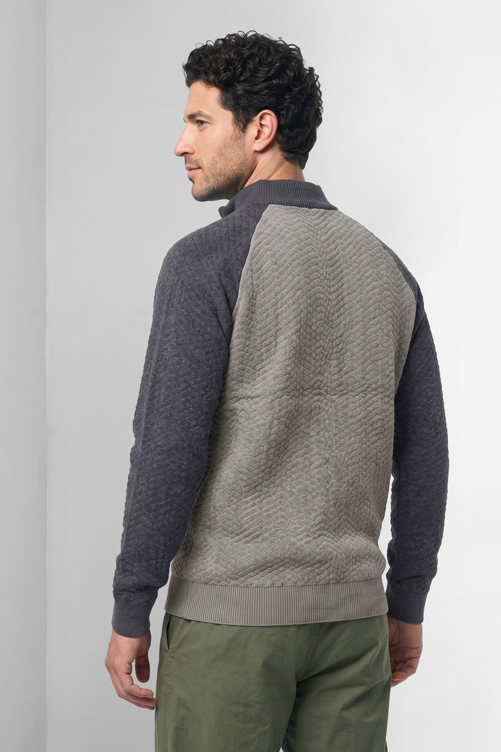 Grey Black Textured Colorblock High Neck Half-Zip Knit Sweater