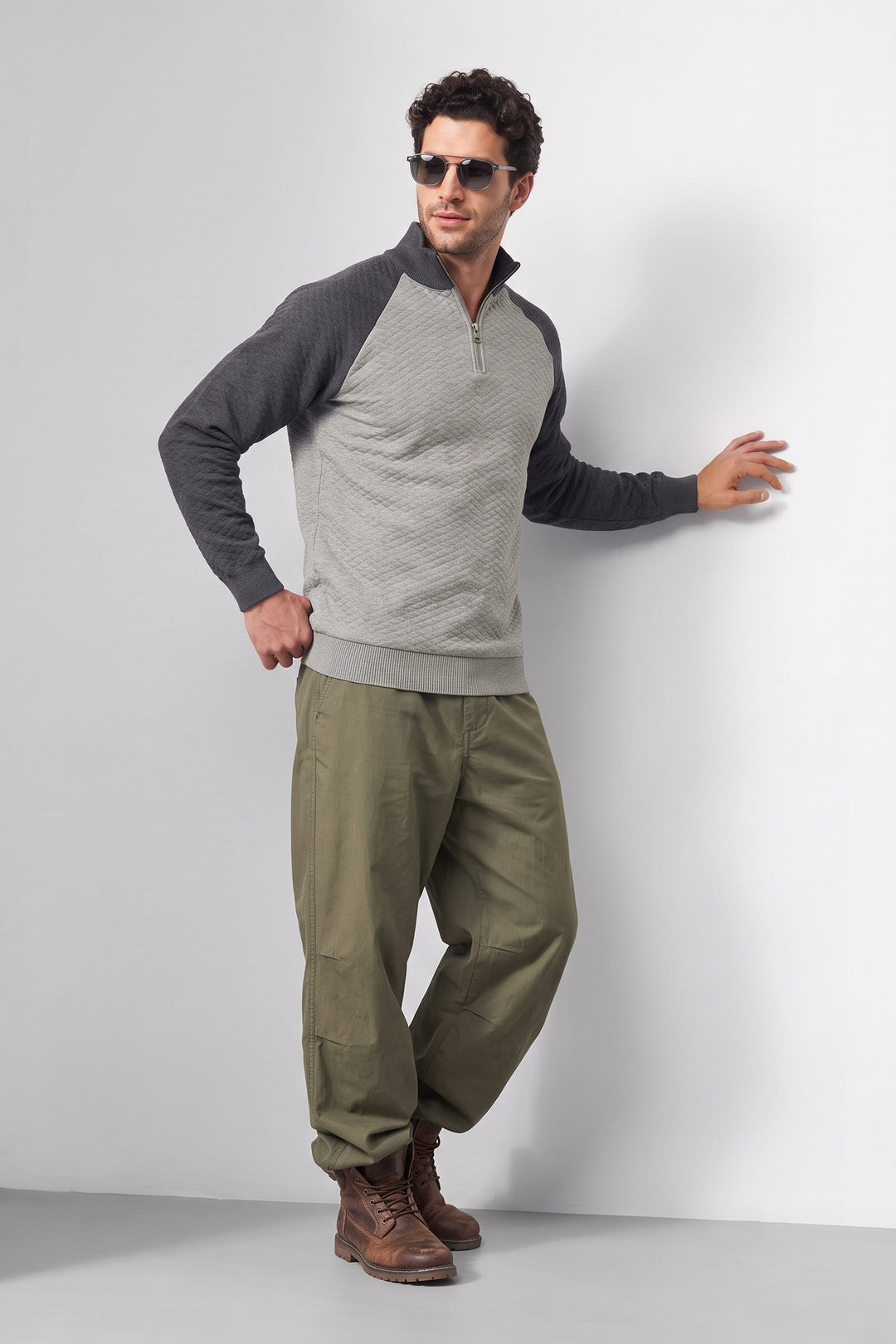 Grey Black Textured Colorblock High Neck Half-Zip Knit Sweater