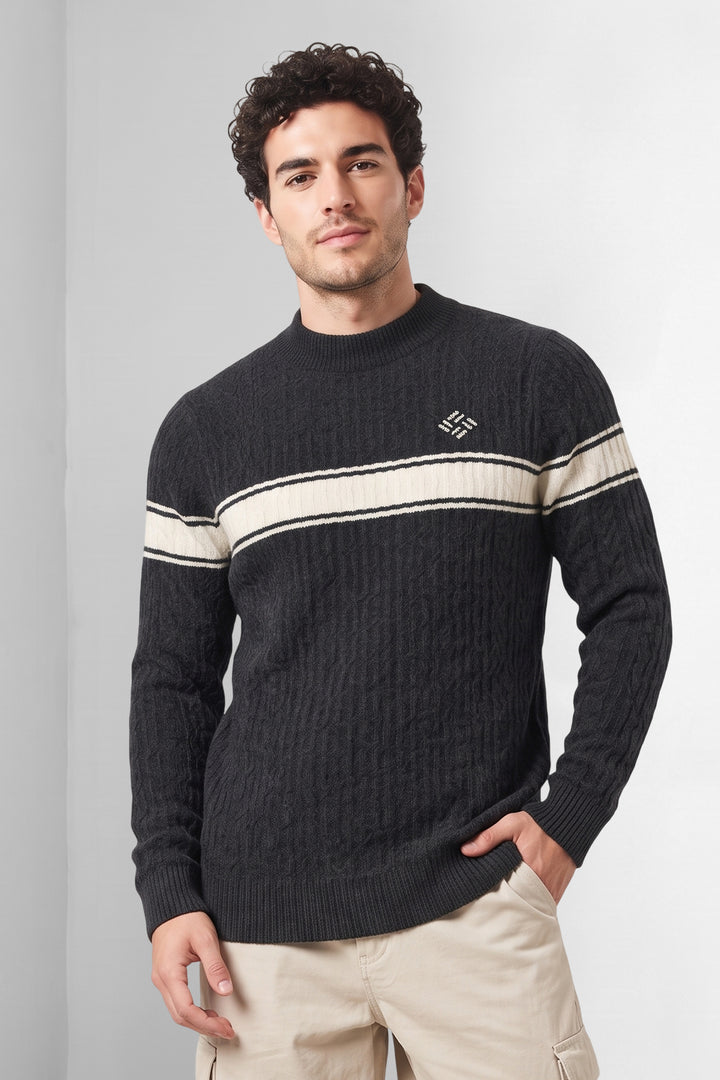 Black Textured High Neck Full Sleeve Striped Knit Sweater