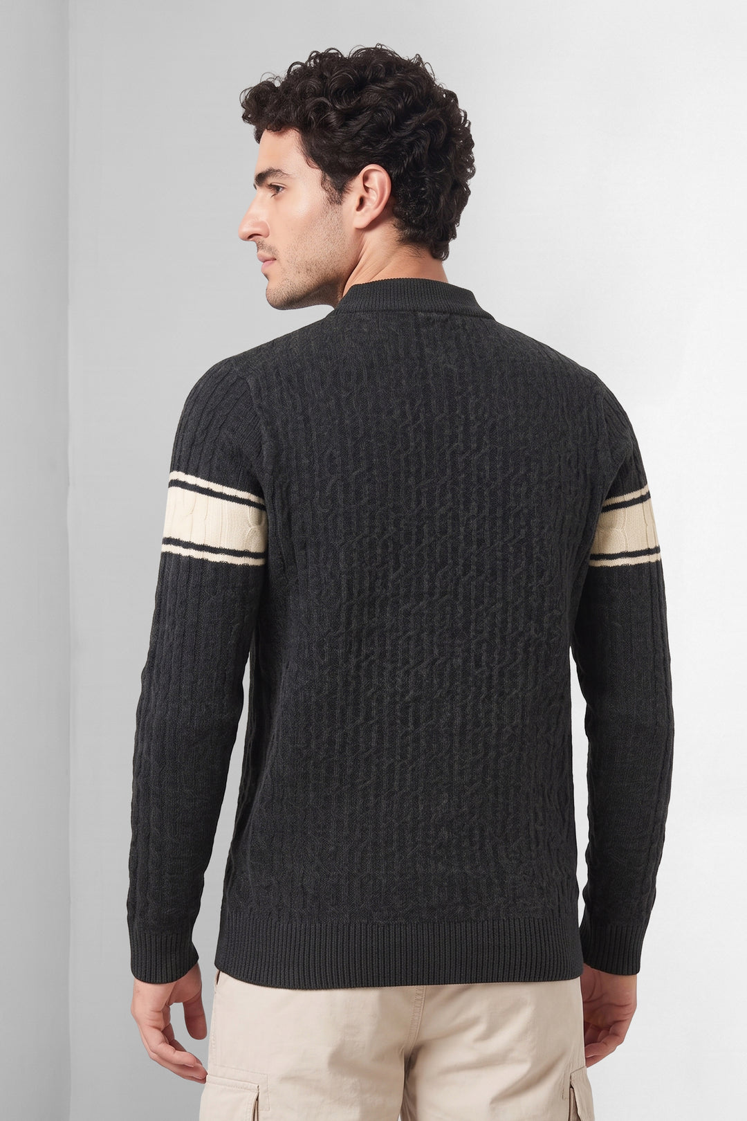 Black Textured High Neck Full Sleeve Striped Knit Sweater