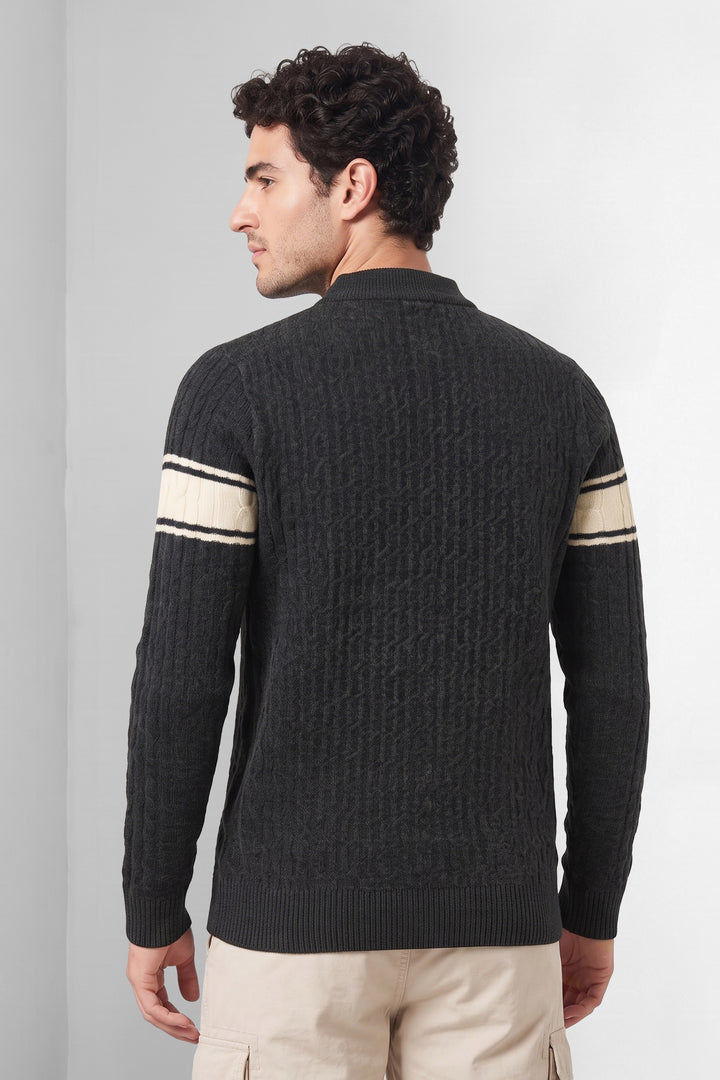 Black Textured High Neck Full Sleeve Striped Knit Sweater