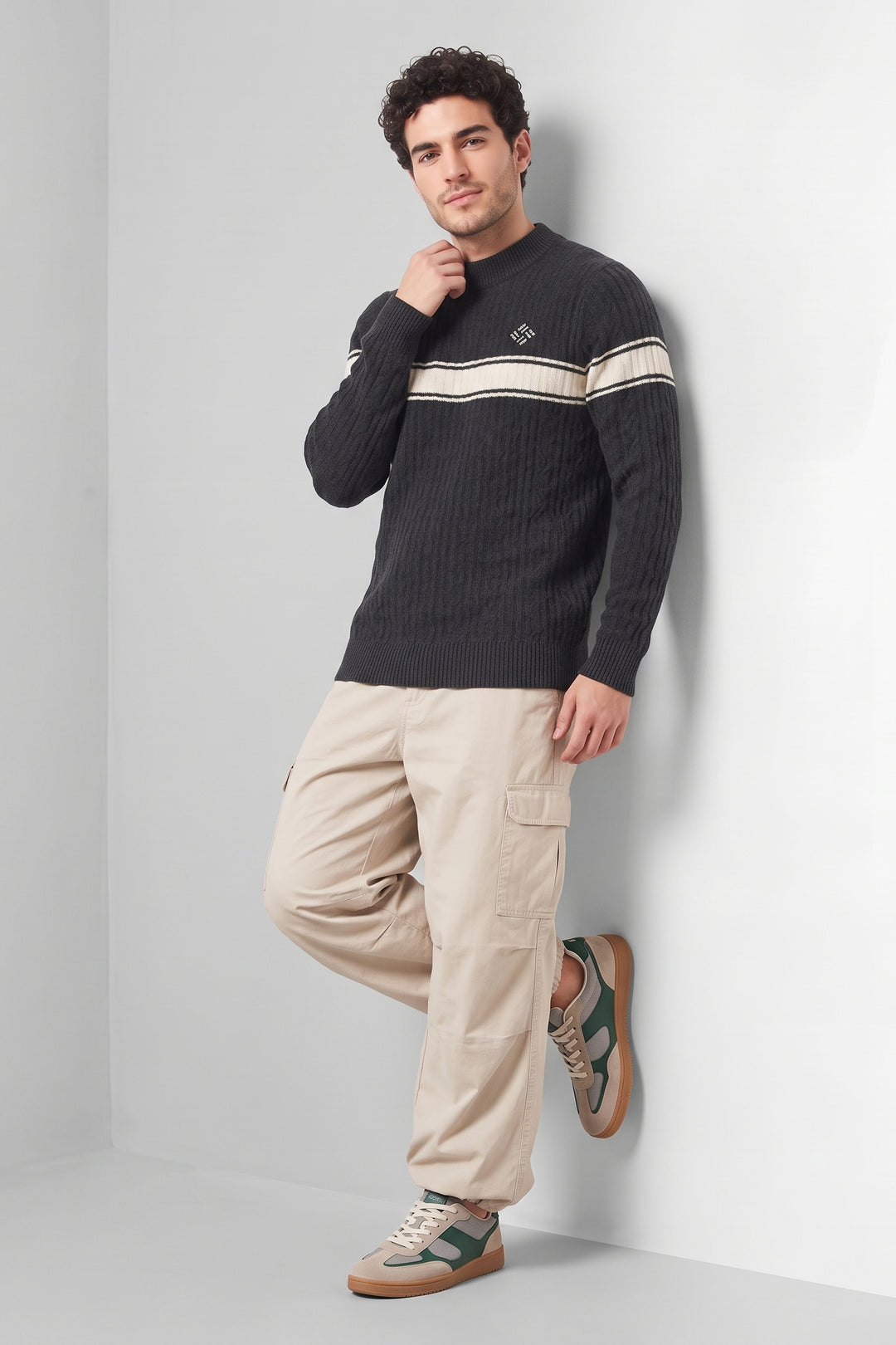 Black Textured High Neck Full Sleeve Striped Knit Sweater