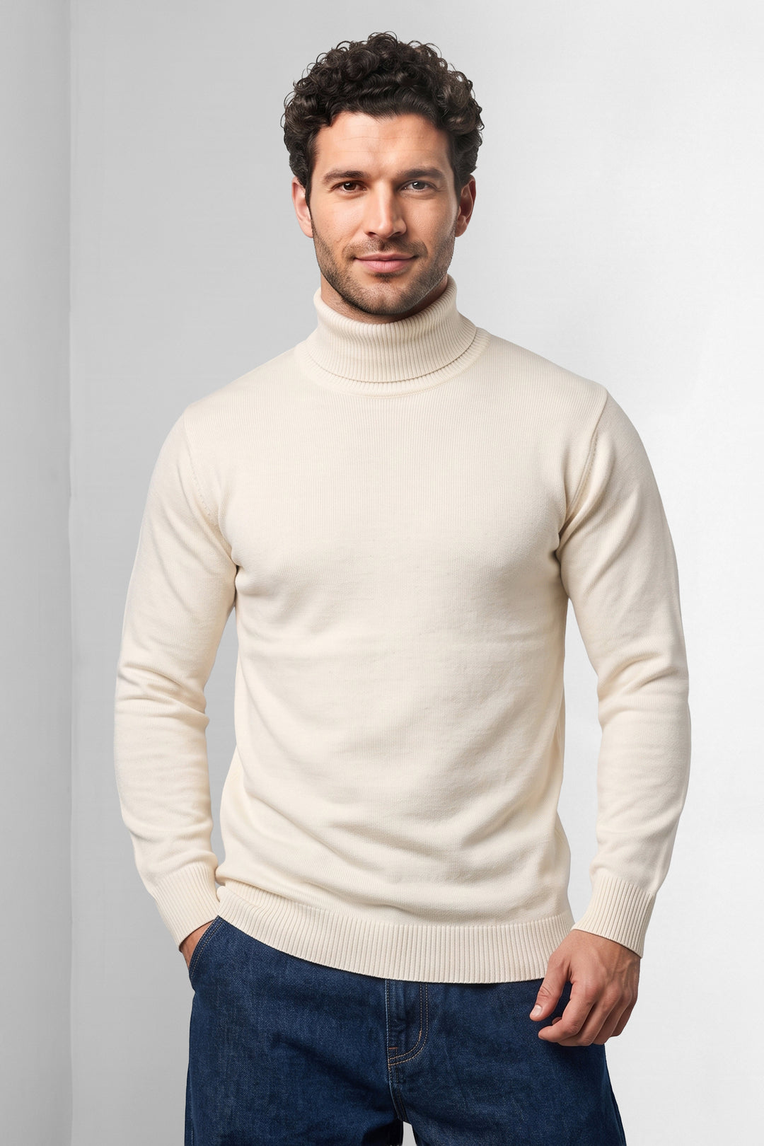 White Solid High Neck Full Sleeve Ribbed Knit Pullover