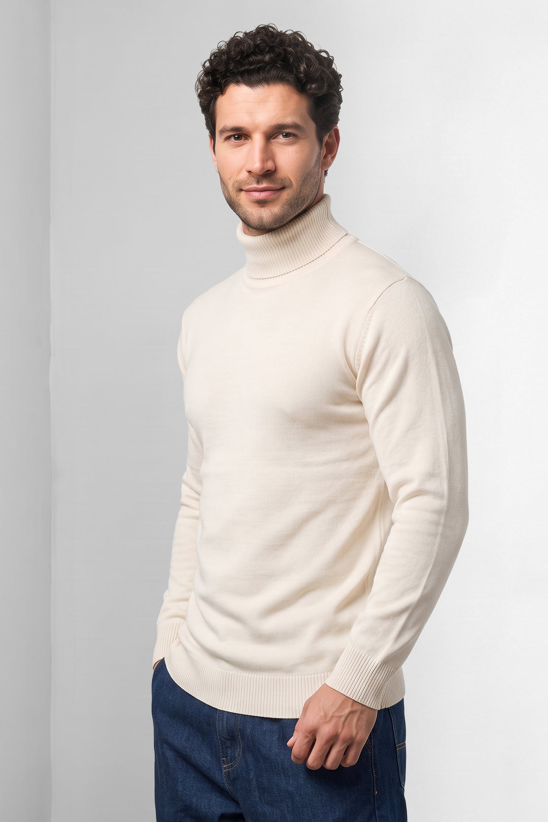 White Solid High Neck Full Sleeve Ribbed Knit Pullover