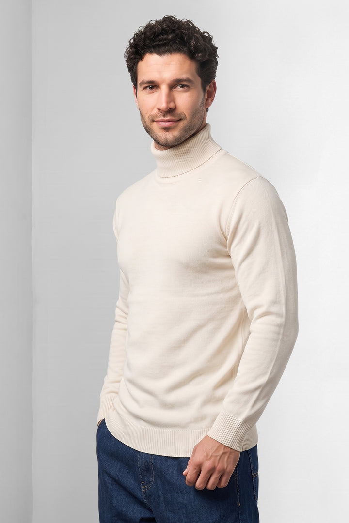 White Solid High Neck Full Sleeve Ribbed Knit Pullover