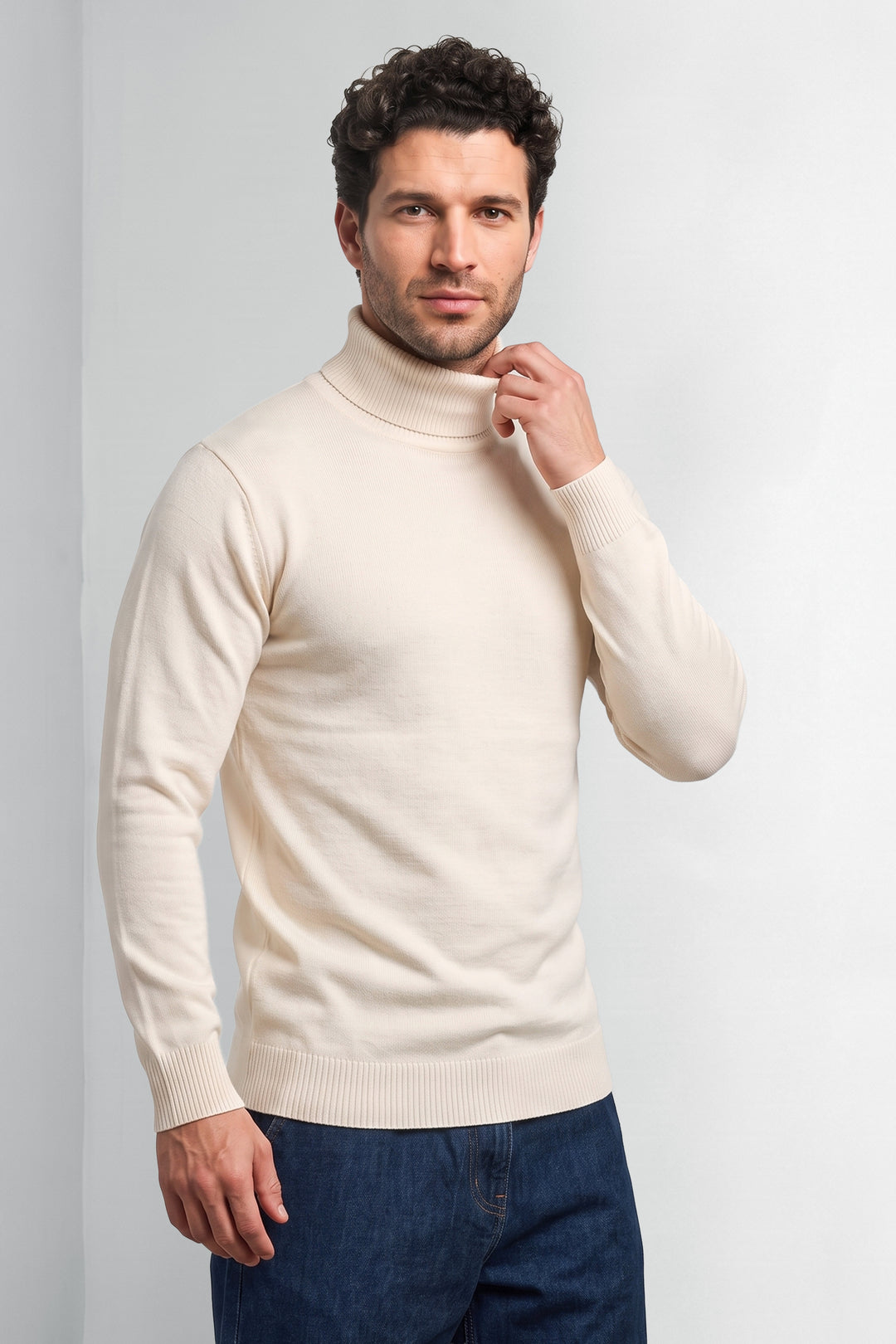 White Solid High Neck Full Sleeve Ribbed Knit Pullover