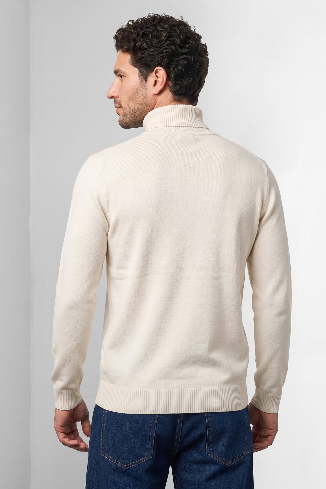 White Solid High Neck Full Sleeve Ribbed Knit Pullover