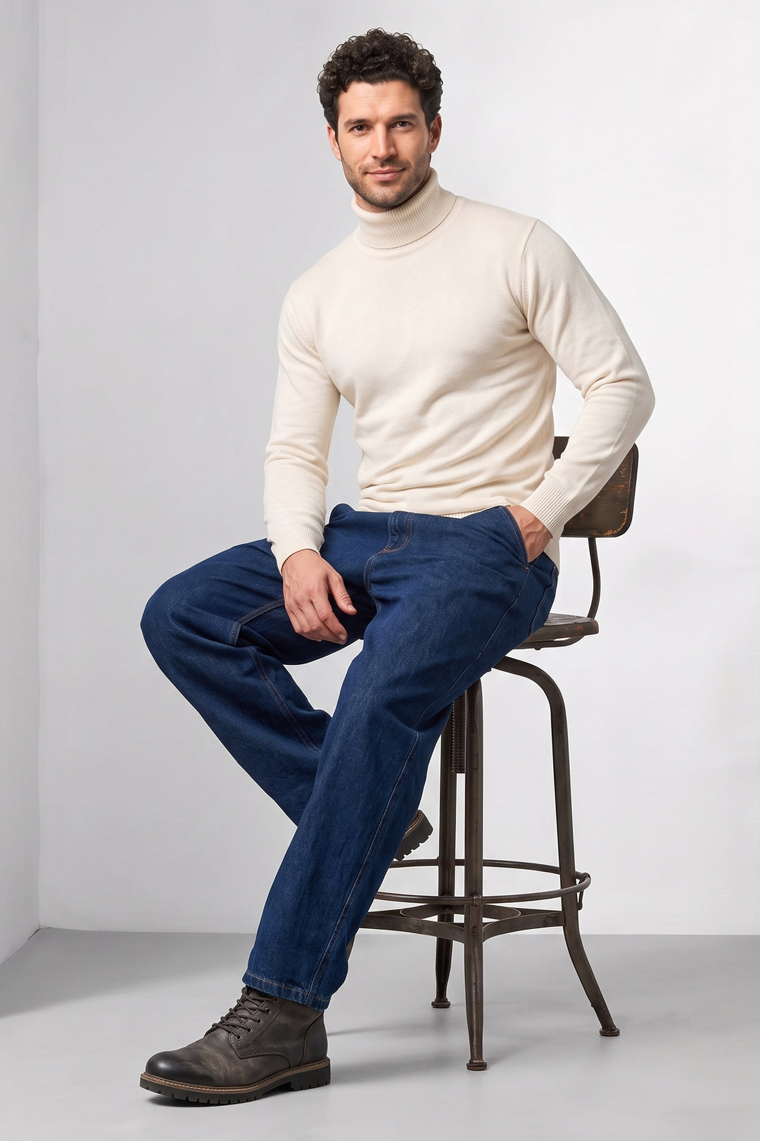 White Solid High Neck Full Sleeve Ribbed Knit Pullover