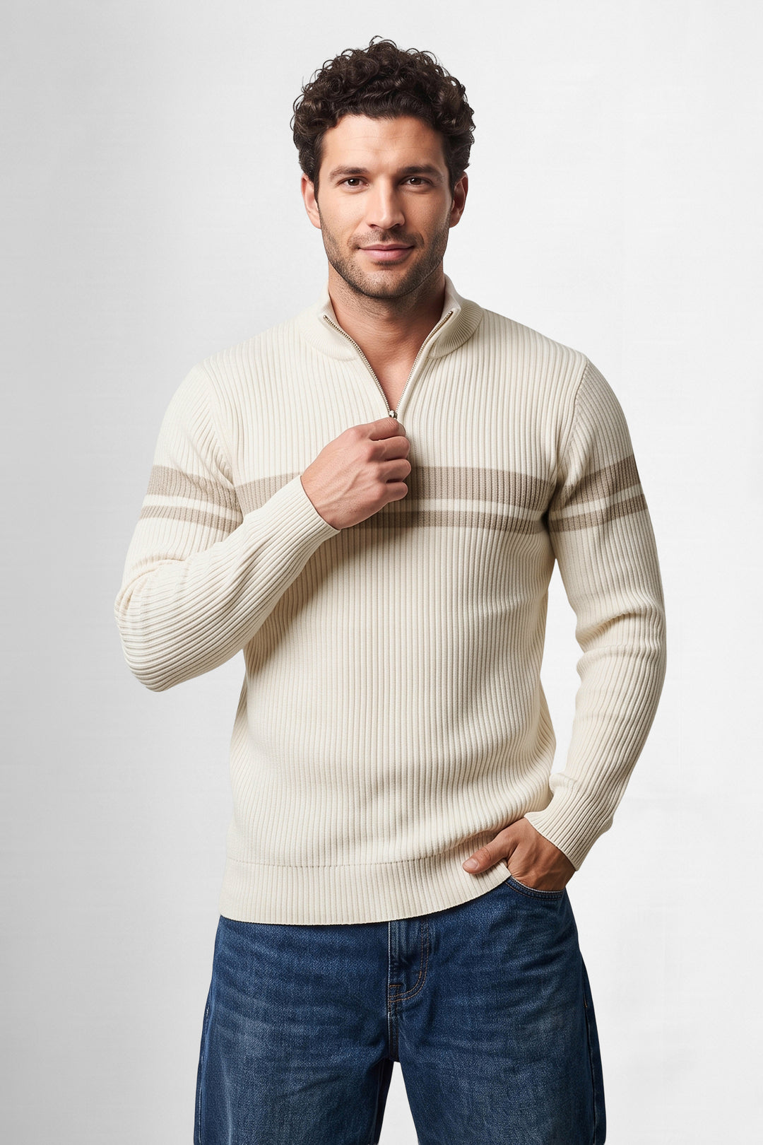 Cream Ribbed High Neck Full Sleeve Striped Sweater