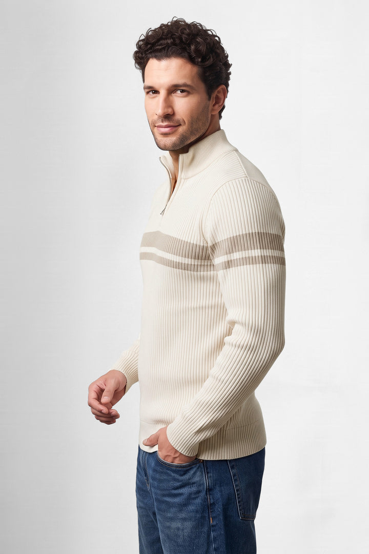 Cream Ribbed High Neck Full Sleeve Striped Sweater