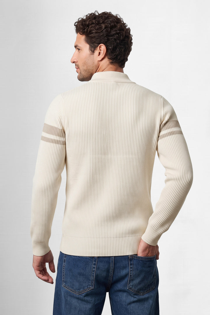 Cream Ribbed High Neck Full Sleeve Striped Sweater