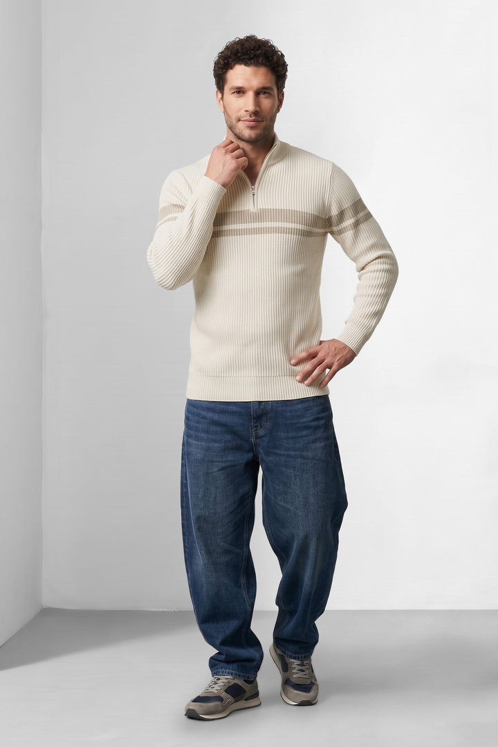 Cream Ribbed High Neck Full Sleeve Striped Sweater