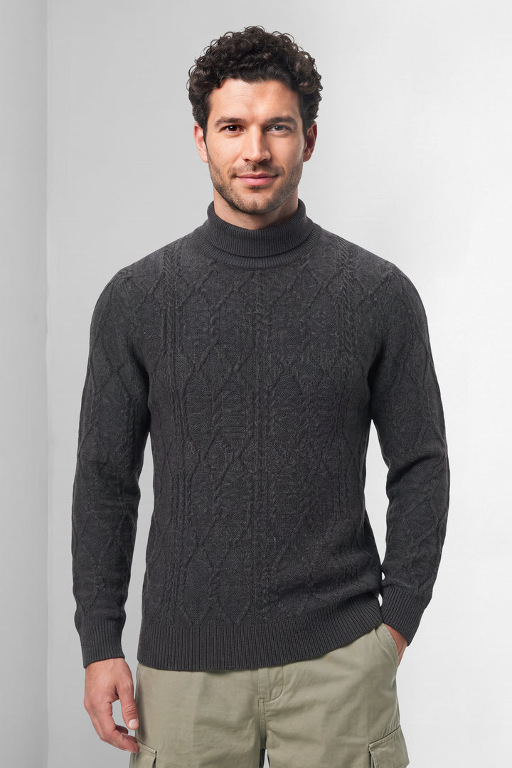 Black Textured High Neck Full Sleeve Knitted Sweater