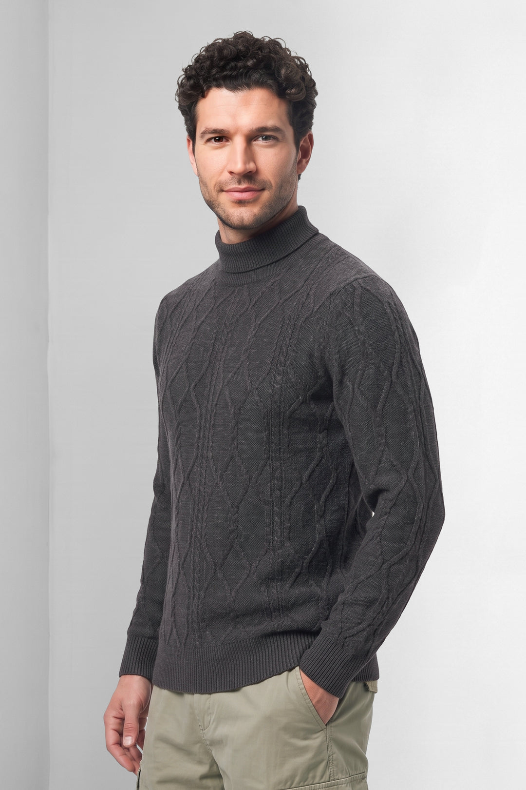 Black Textured High Neck Full Sleeve Knitted Sweater