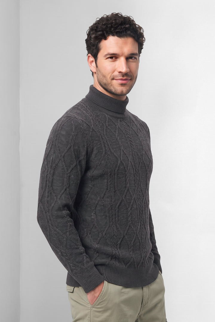Black Textured High Neck Full Sleeve Knitted Sweater