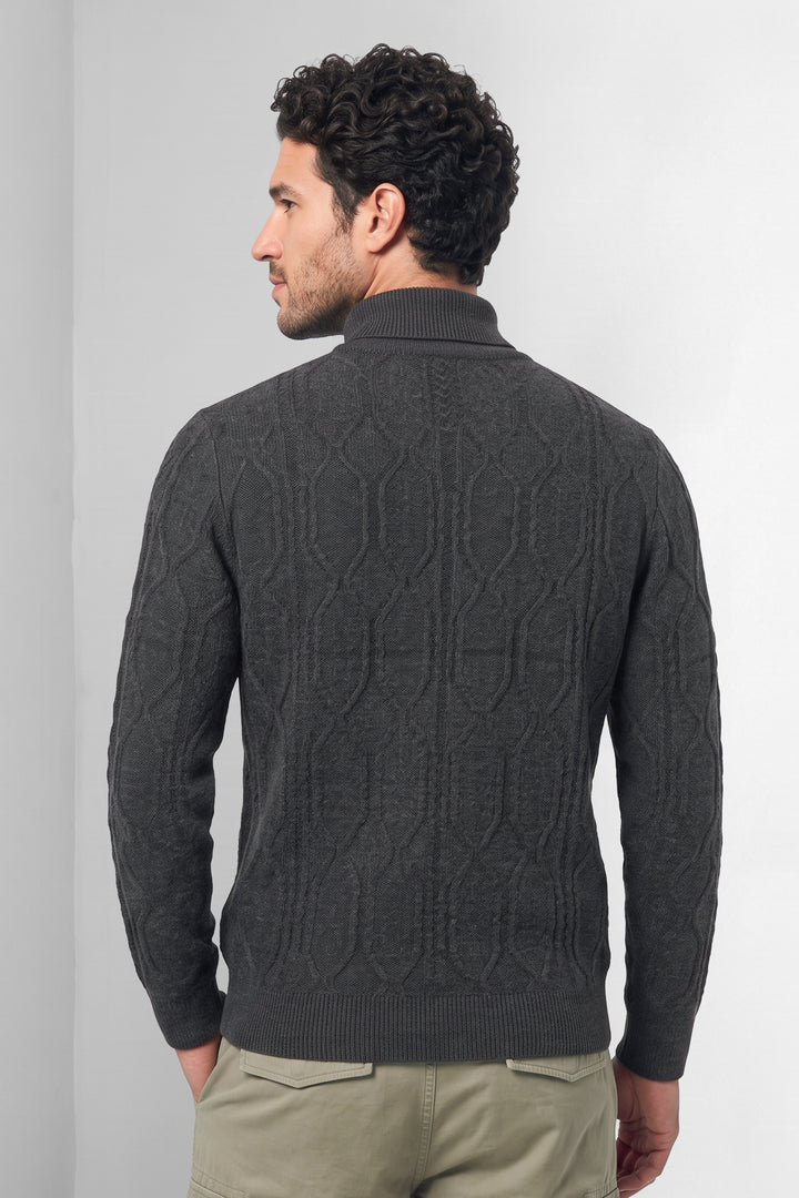 Black Textured High Neck Full Sleeve Knitted Sweater