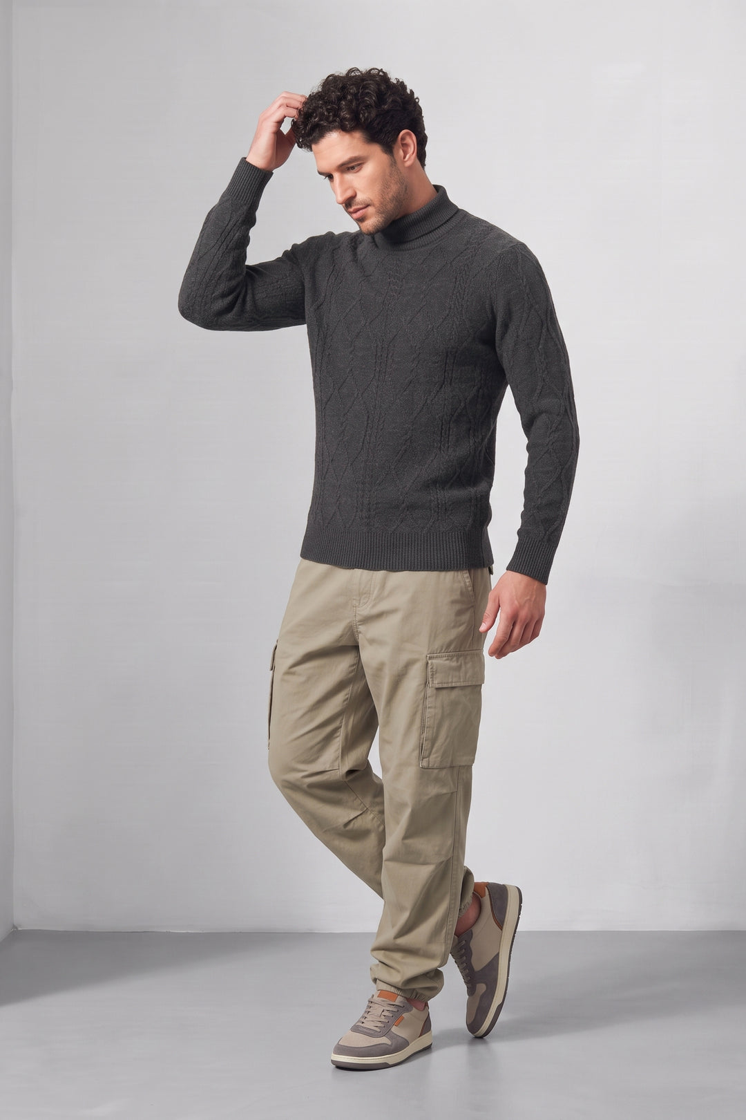 Black Textured High Neck Full Sleeve Knitted Sweater
