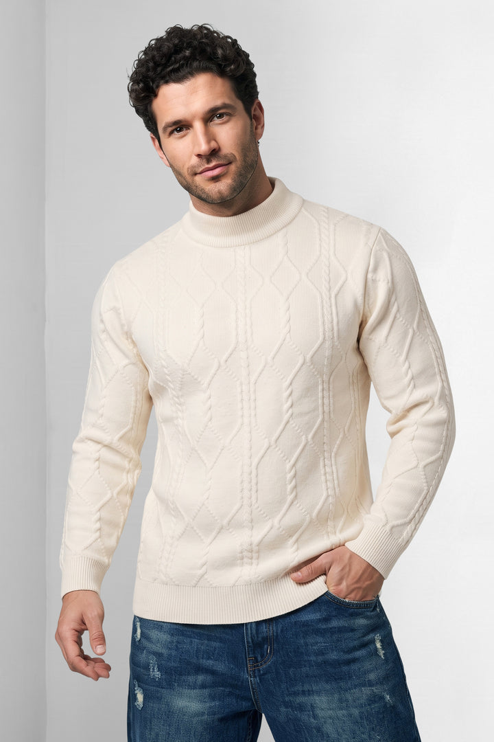 Cream Men Textured Cable Knit Mock neck Sweater