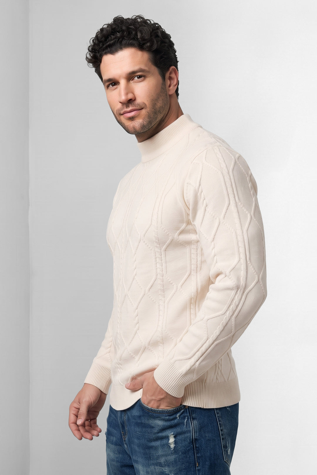 Cream Men Textured Cable Knit Mock neck Sweater