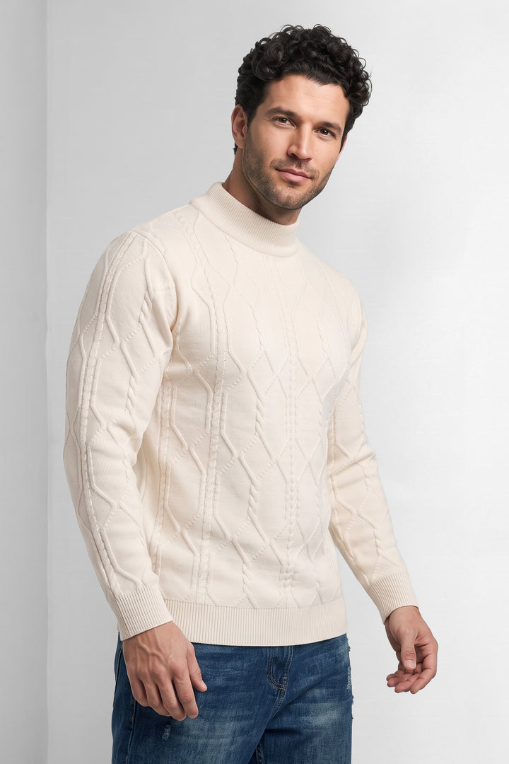 Cream Men Textured Cable Knit Mock neck Sweater