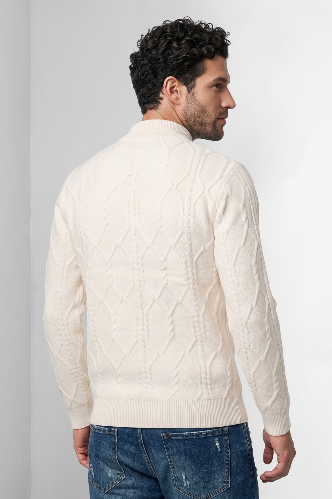 Cream Men Textured Cable Knit Mock neck Sweater