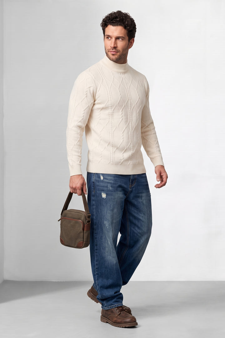 Cream Men Textured Cable Knit Mock neck Sweater