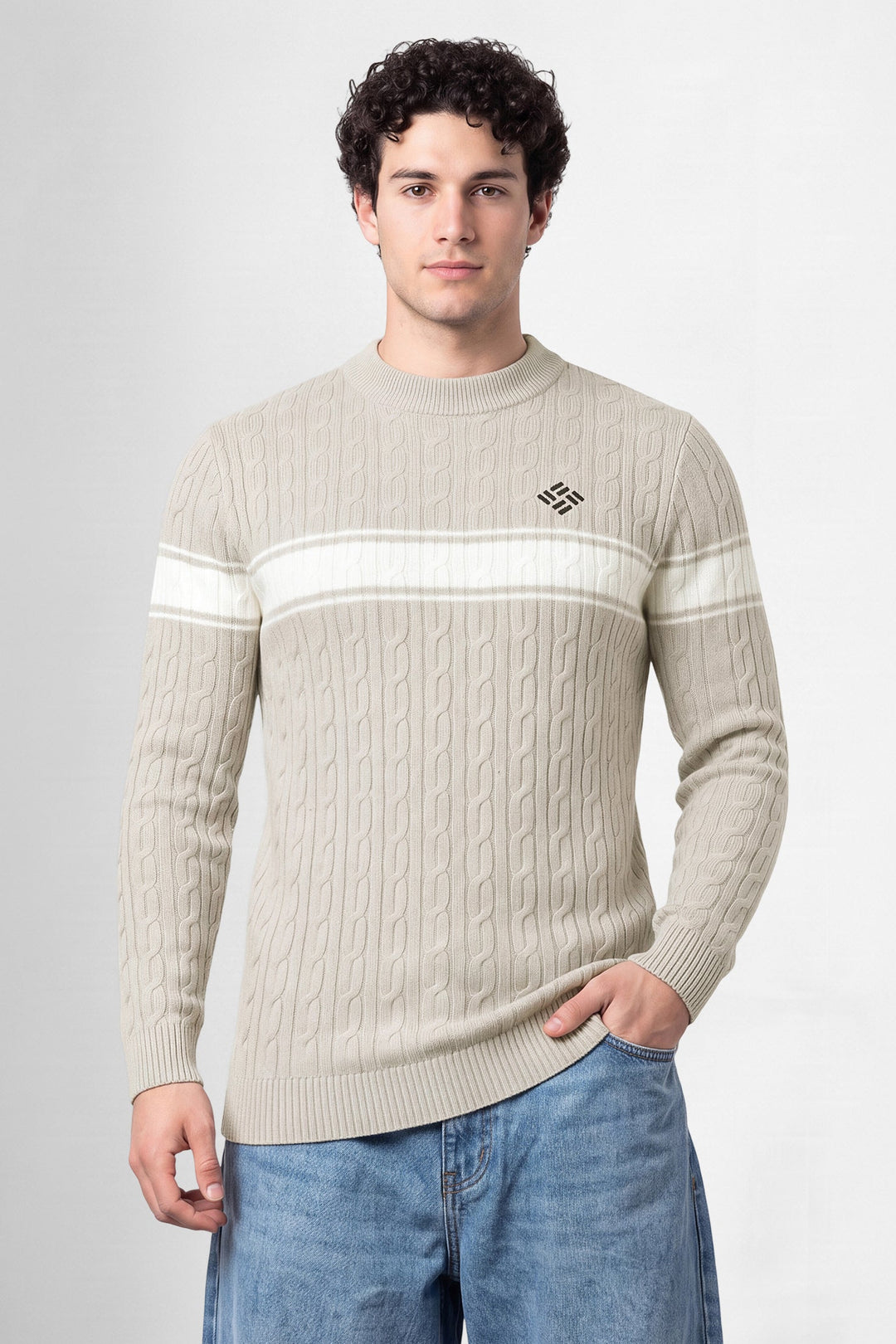Light Cream Textured High Neck Full Sleeve Striped Sweater