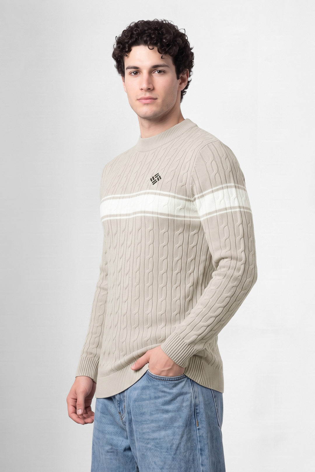 Light Cream Textured High Neck Full Sleeve Striped Sweater