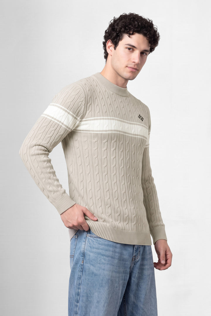 Light Cream Textured High Neck Full Sleeve Striped Sweater