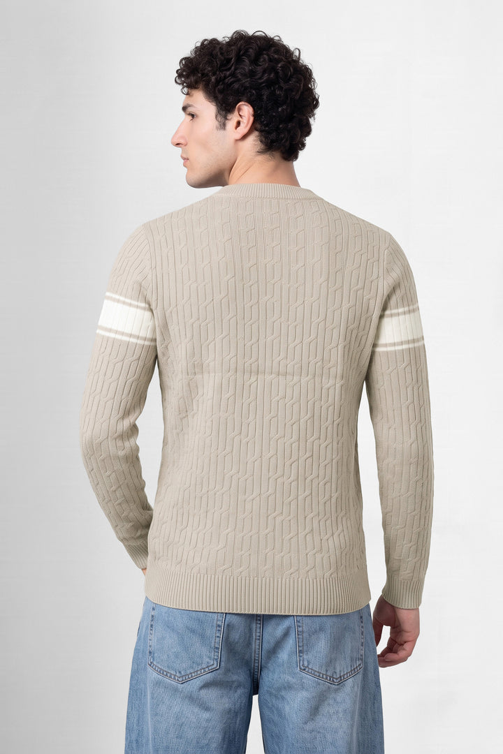 Light Cream Textured High Neck Full Sleeve Striped Sweater