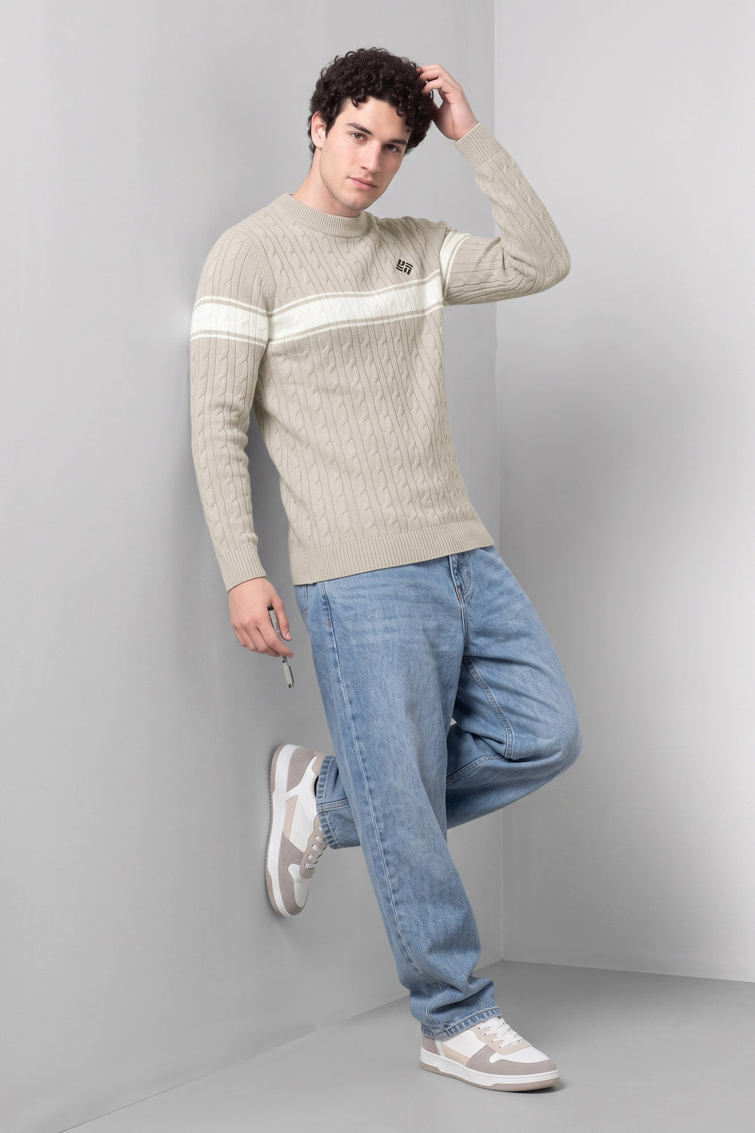Light Cream Textured High Neck Full Sleeve Striped Sweater
