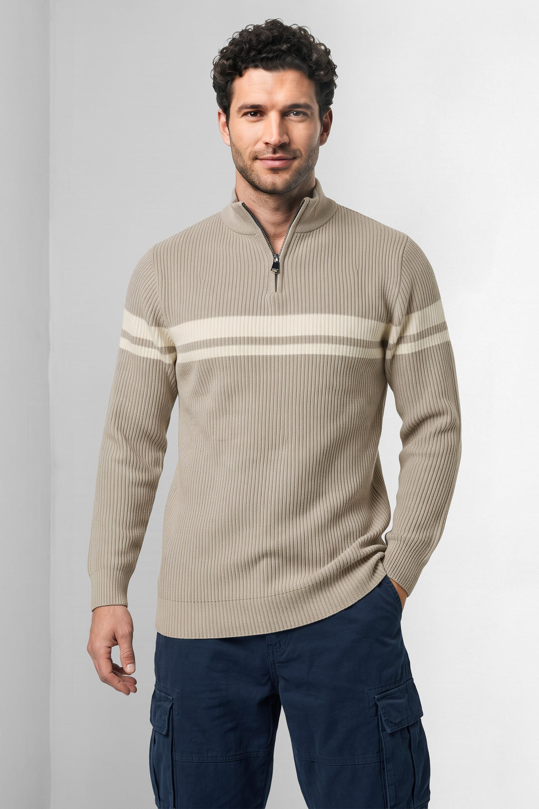 Cream High Neck Half-Zip Striped Sweater