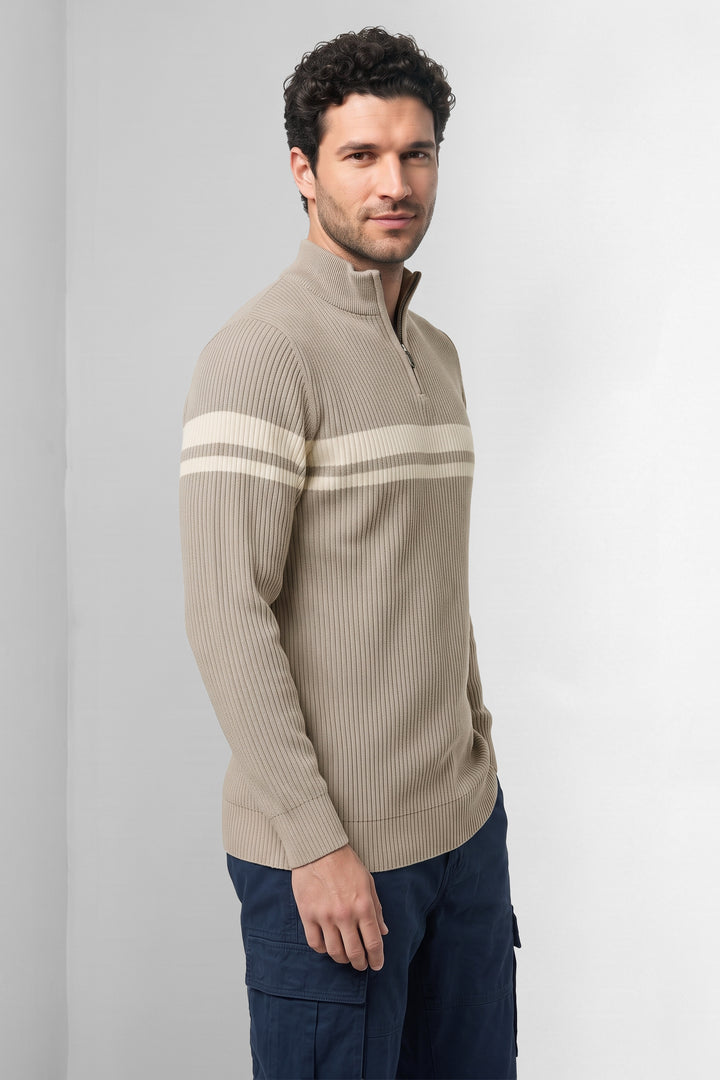 Cream High Neck Half-Zip Striped Sweater