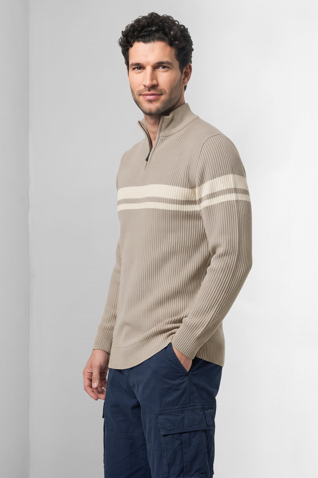 Cream High Neck Half-Zip Striped Sweater