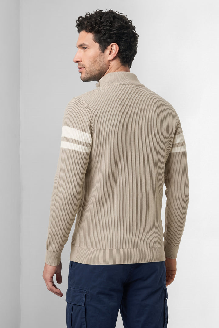 Cream High Neck Half-Zip Striped Sweater
