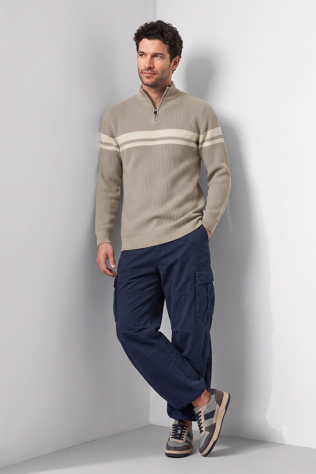 Cream High Neck Half-Zip Striped Sweater