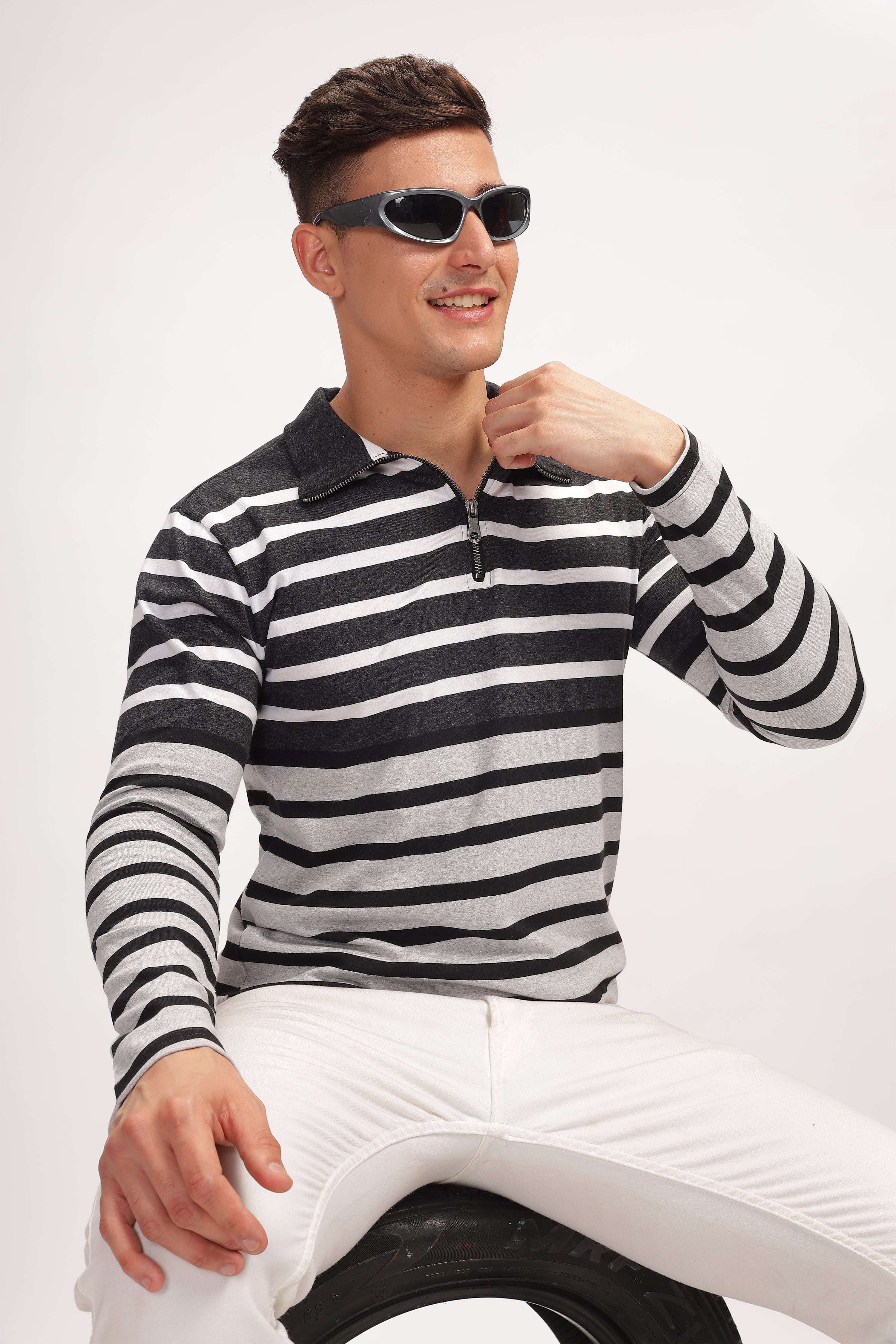 Grey Black Striper Zipper T-Shirt