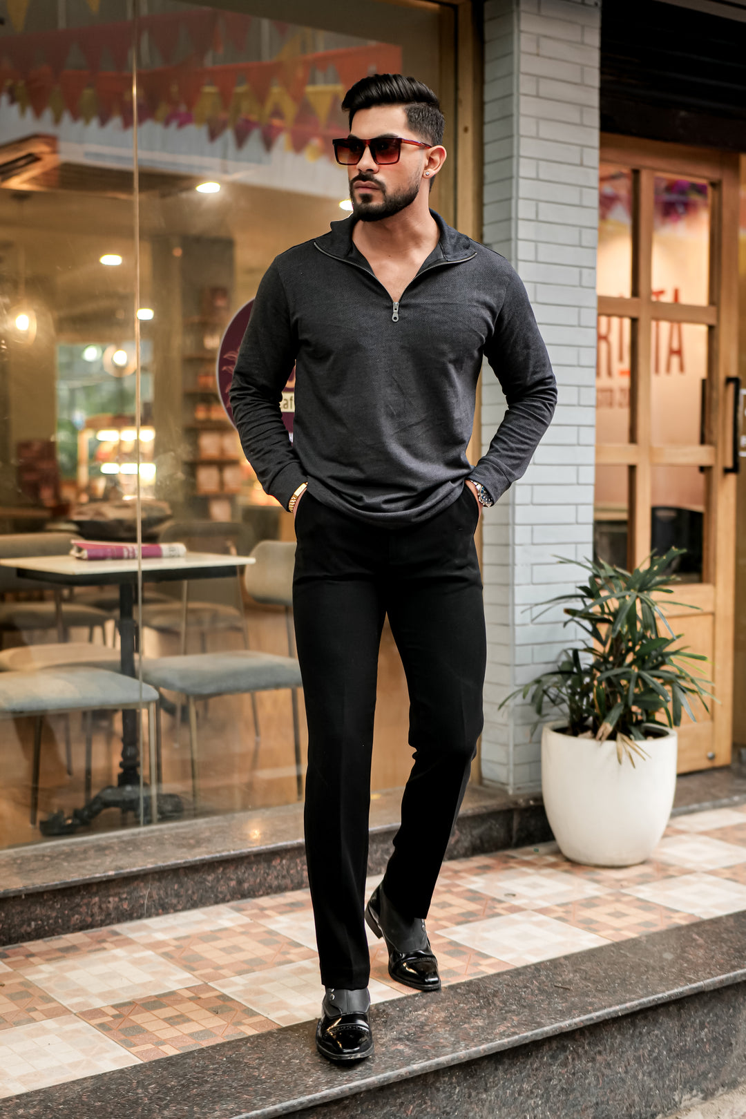 Black Self Design Textured Zipper T-Shirt