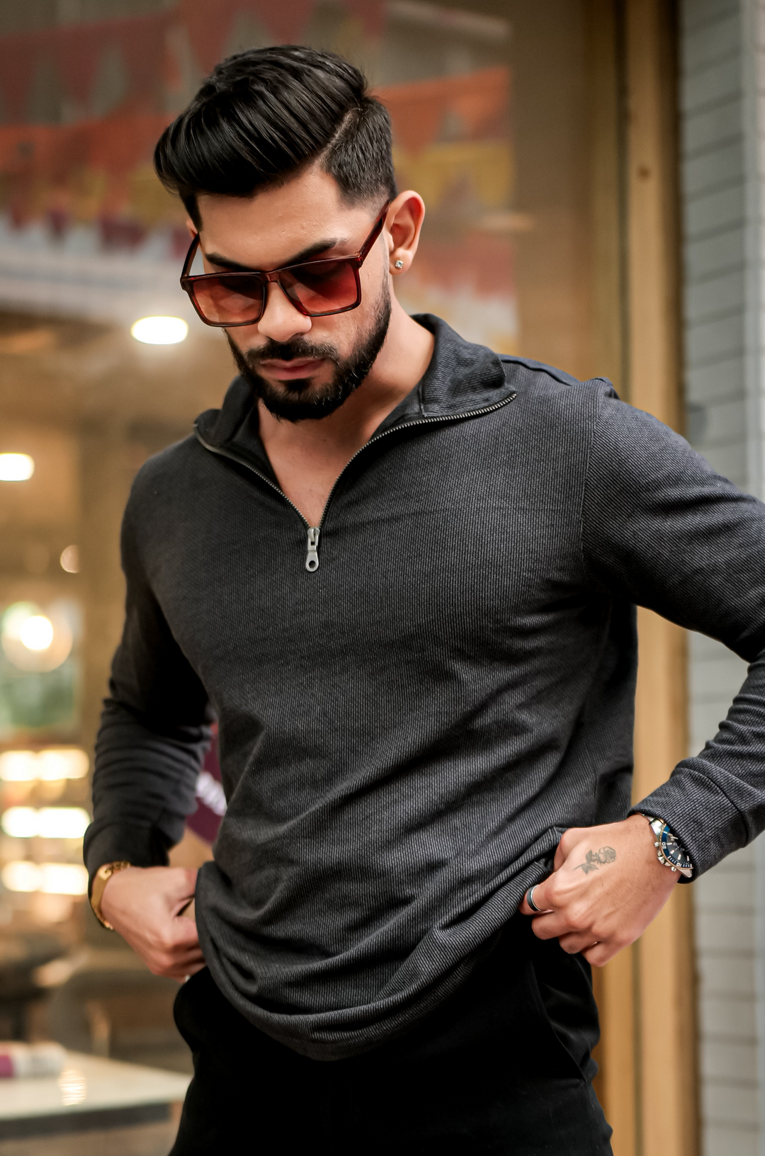 Black Self Design Textured Zipper T-Shirt