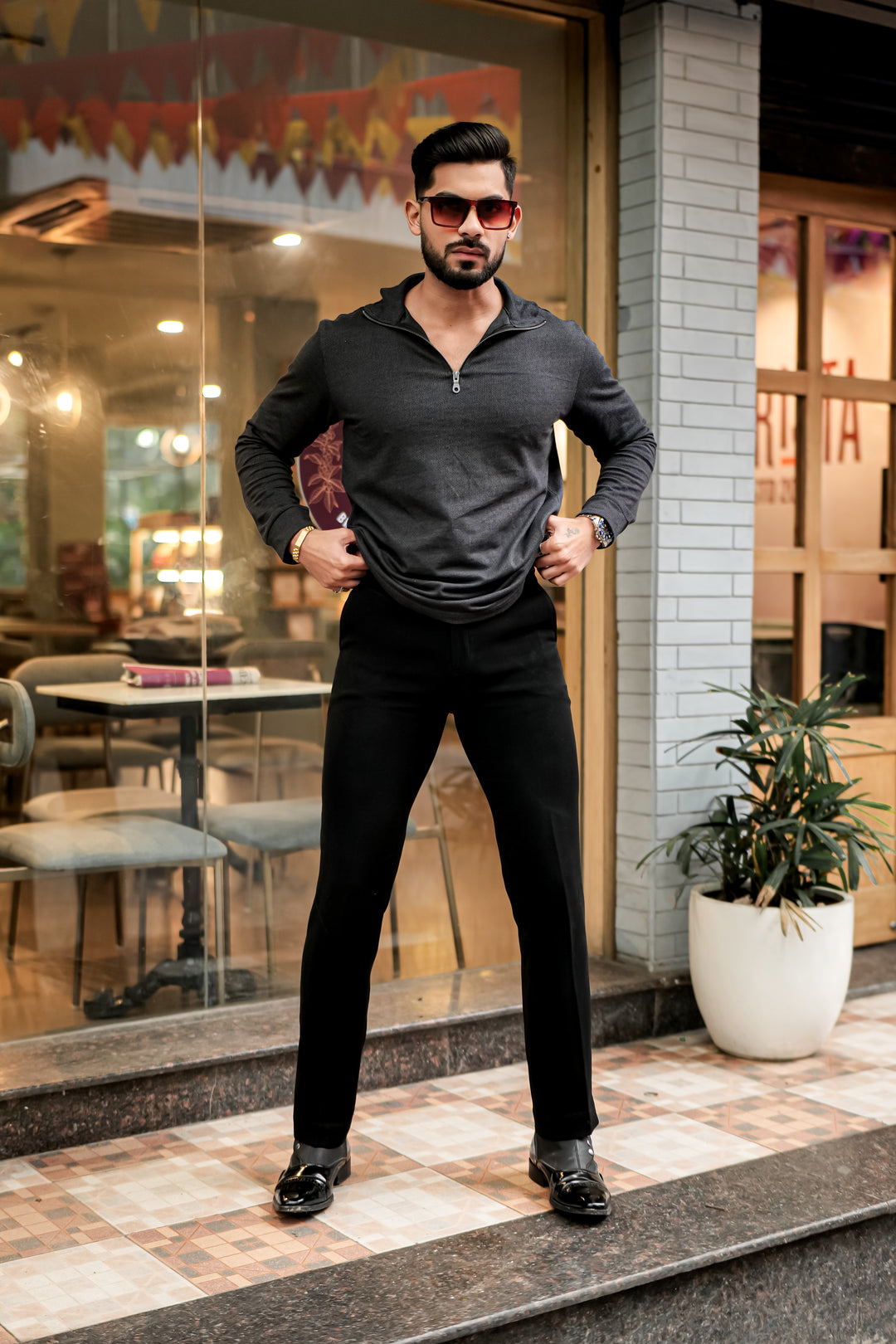 Black Self Design Textured Zipper T-Shirt