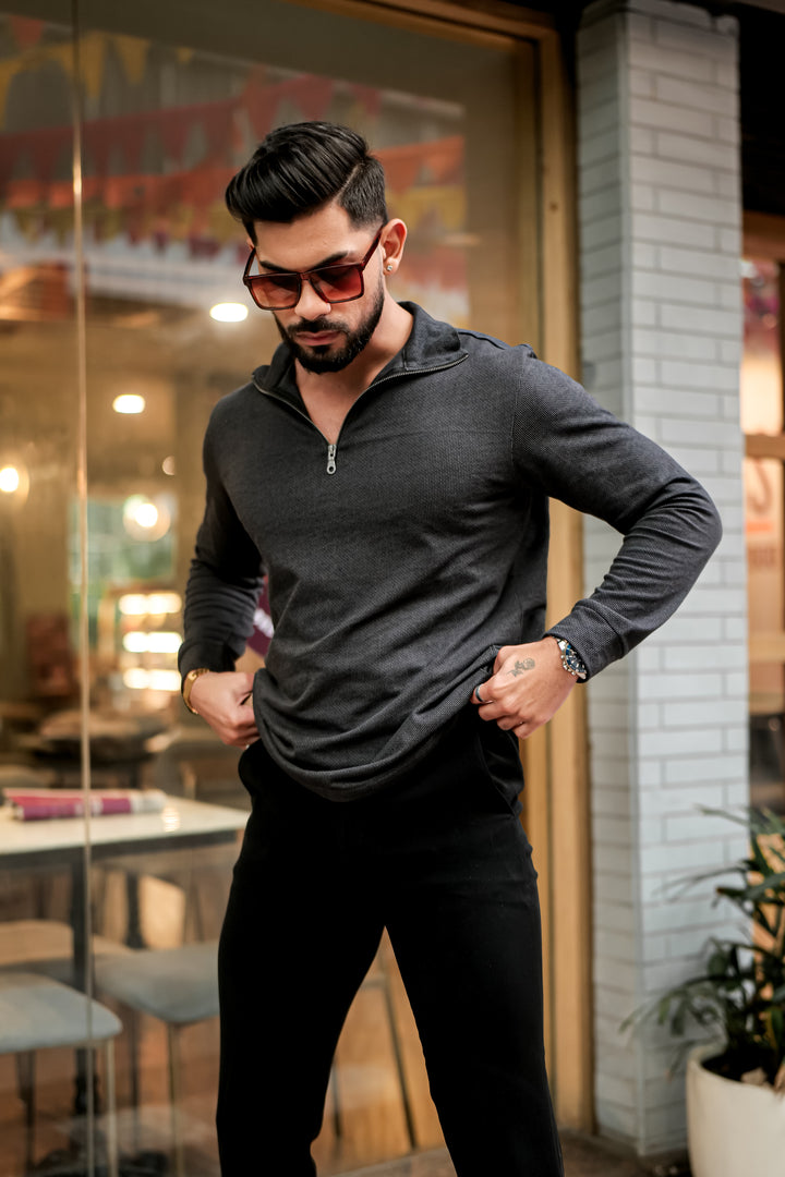 Black Self Design Textured Zipper T-Shirt