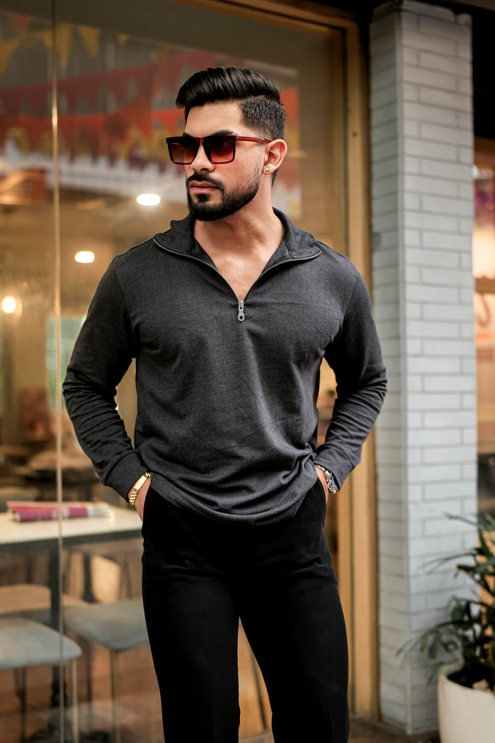Black Self Design Textured Zipper T-Shirt