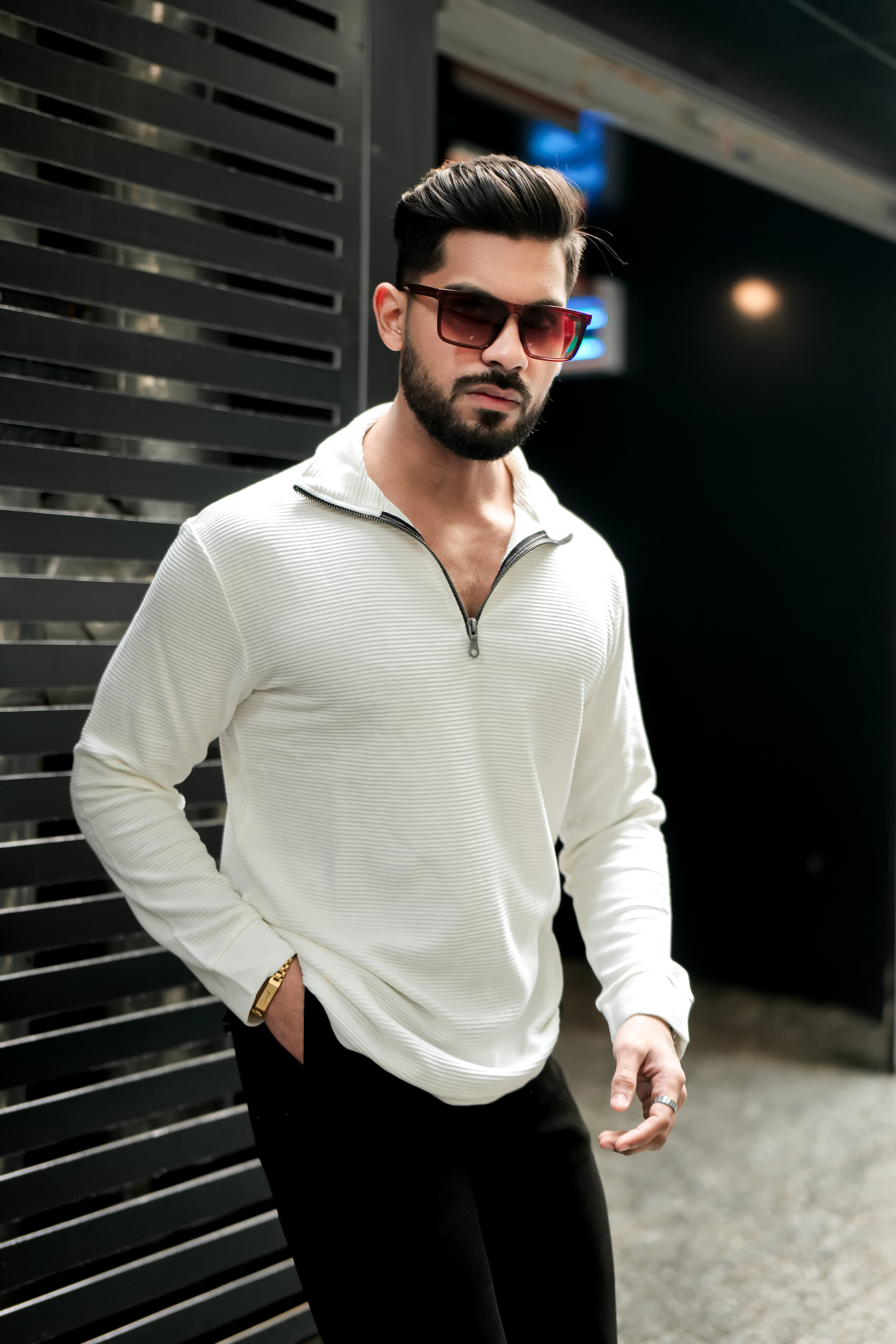White Self Design Front Zipper T-Shirt